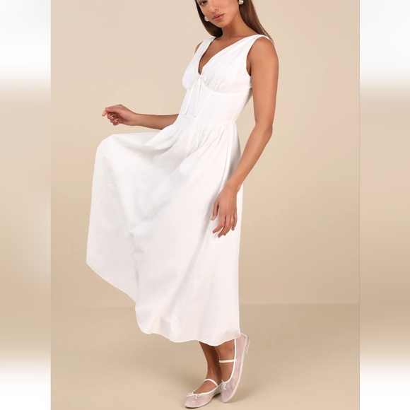 Lettie White Poplin Plunge Neck Midi Dress Size S - Picture 2 of 12